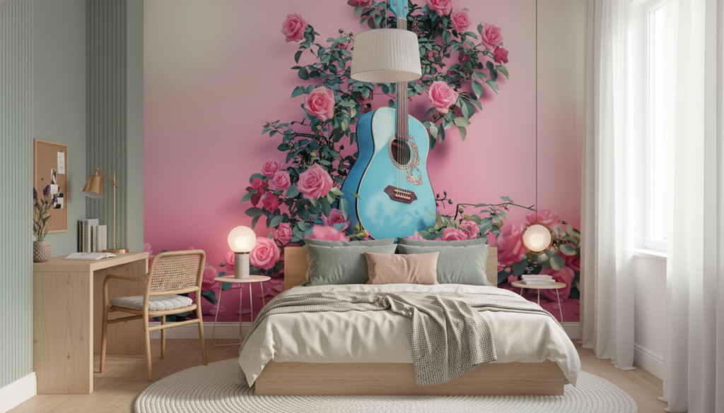 Papier Peint Guitare Bleue et Roses Romantiques Fond Dégradé Rose - Chambre ado