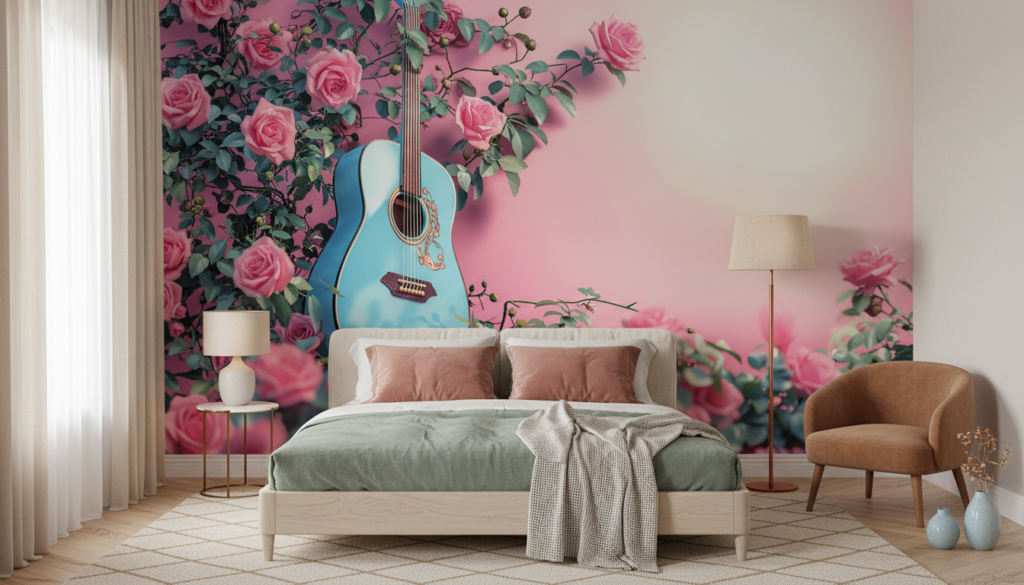 Papier Peint Guitare Bleue et Roses Romantiques Fond Dégradé Rose - Chambre adulte