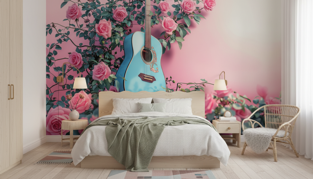 Papier Peint Guitare Bleue et Roses Romantiques Fond Dégradé Rose - Chambre enfant