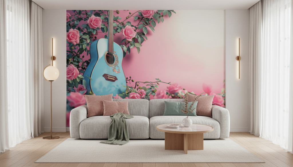 Papier Peint Guitare Bleue et Roses Romantiques Fond Dégradé Rose - Salon / Séjour