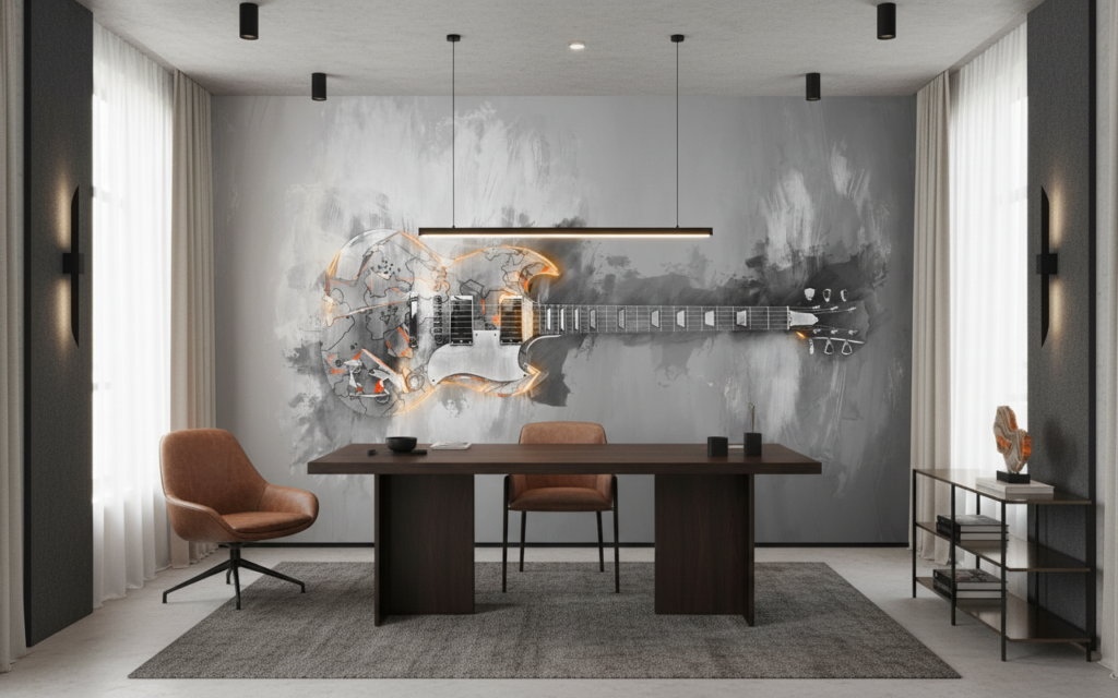 Papier peint guitare électrique artistique effet peinture grise et orange - Bureau