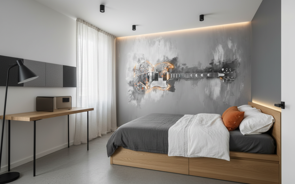 Papier peint guitare électrique artistique effet peinture grise et orange - Chambre ado