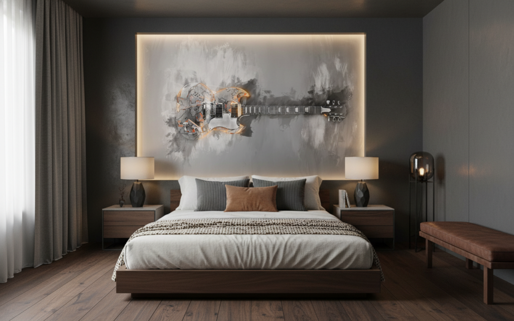 Papier peint guitare électrique artistique effet peinture grise et orange - Chambre adulte