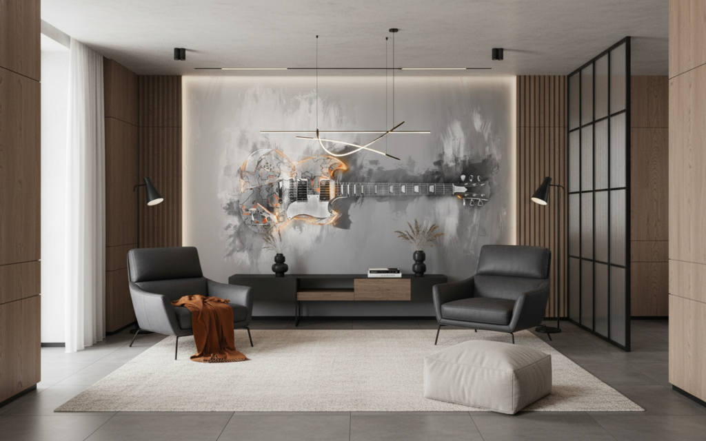 Papier peint guitare électrique artistique effet peinture grise et orange - Salon / Séjour