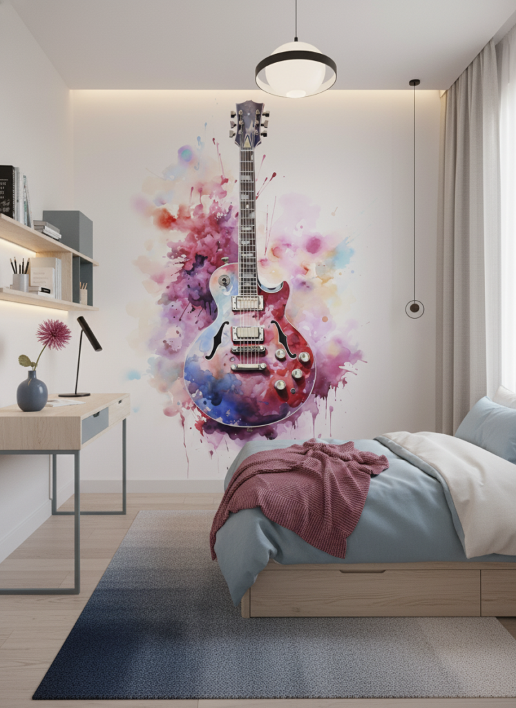 Papier peint guitare électrique explosion aquarelle multicolore artistique moderne - Chambre ado