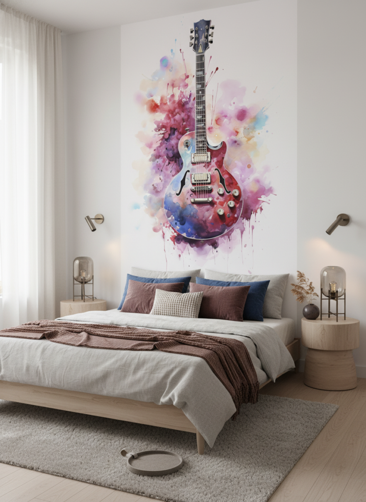 Papier peint guitare électrique explosion aquarelle multicolore artistique moderne - Chambre adulte