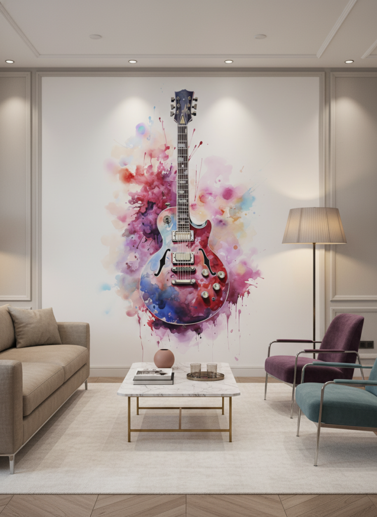 Papier peint guitare électrique explosion aquarelle multicolore artistique moderne - Salon / Séjour