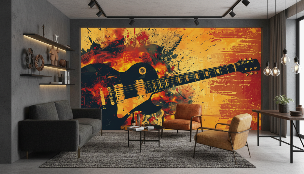 Papier Peint Guitare Électrique Explosion Artistique Style Grunge Rock - Boutique