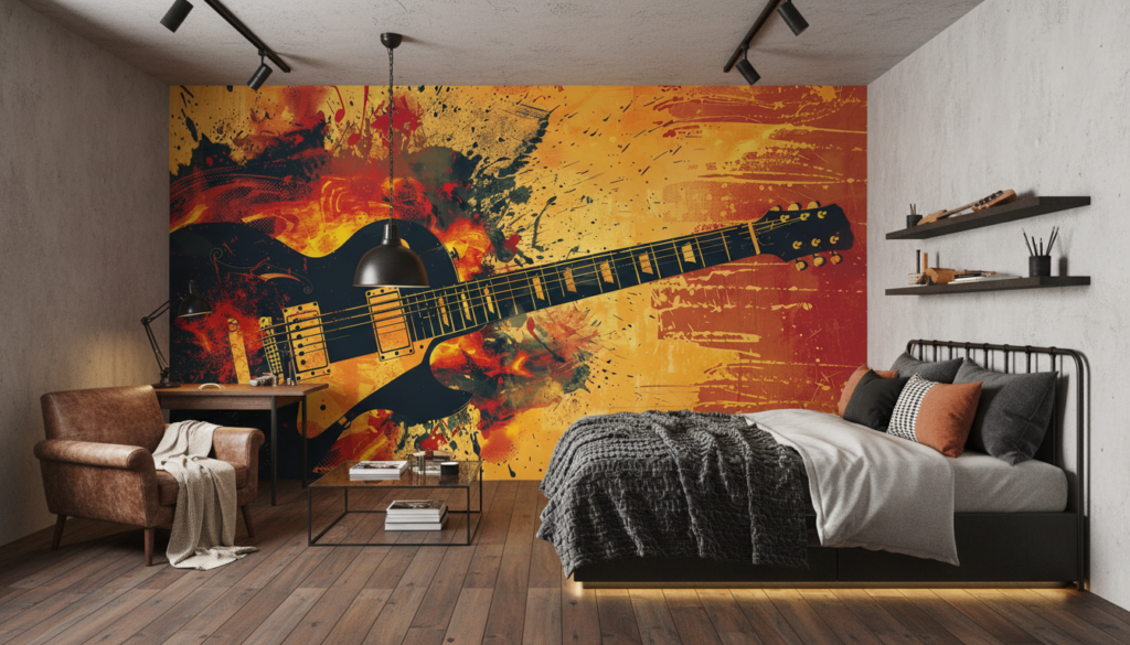 Papier Peint Guitare Électrique Explosion Artistique Style Grunge Rock - Chambre ado