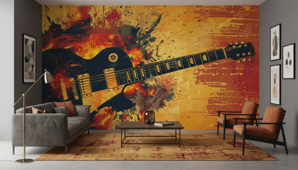 Papier Peint Guitare Électrique Explosion Artistique Style Grunge Rock - Salon / Séjour