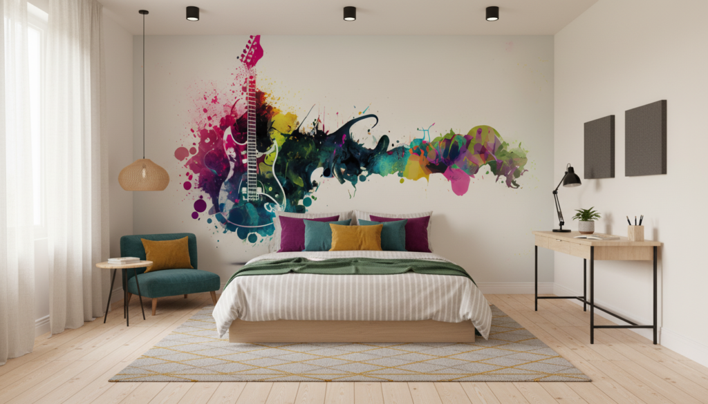 Papier Peint Guitare Électrique Explosion de Couleurs Artistique - Chambre ado