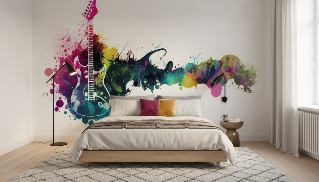 Papier Peint Guitare Électrique Explosion de Couleurs Artistique - Chambre adulte