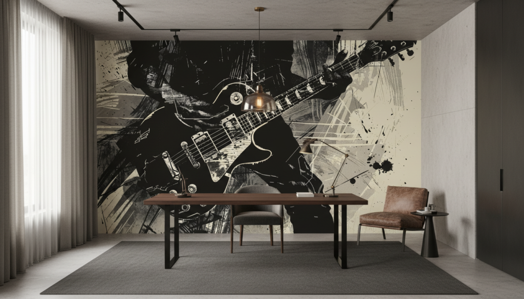Papier peint guitare électrique grunge art musical noir beige - Bureau