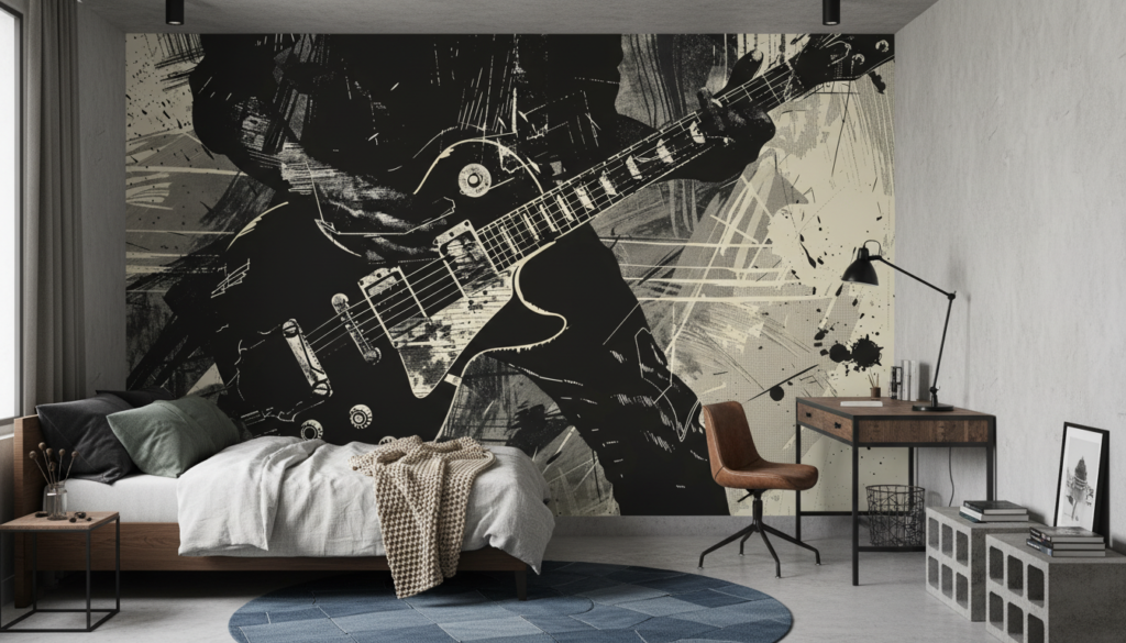 Papier peint guitare électrique grunge art musical noir beige - Chambre ado