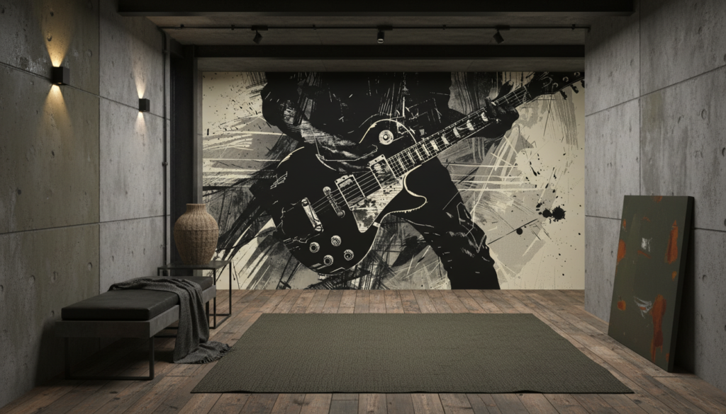 Papier peint guitare électrique grunge art musical noir beige - Couloir