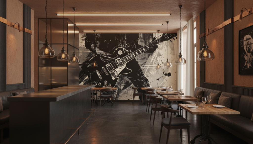 Papier peint guitare électrique grunge art musical noir beige - Restaurant