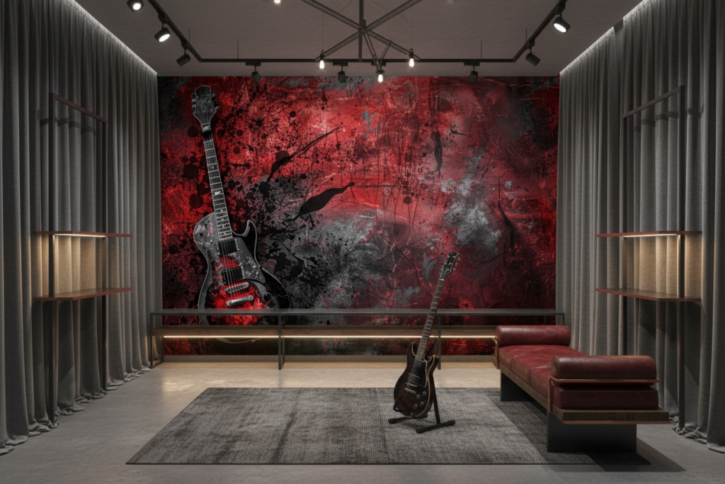 Papier Peint Guitare Électrique Grunge Rouge et Noir Rock - Boutique