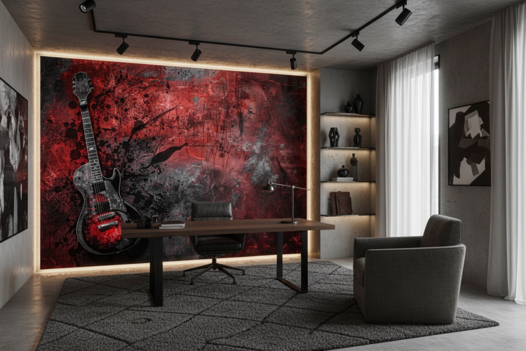 Papier Peint Guitare Électrique Grunge Rouge et Noir Rock - Bureau