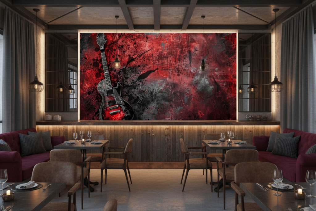 Papier Peint Guitare Électrique Grunge Rouge et Noir Rock - Restaurant