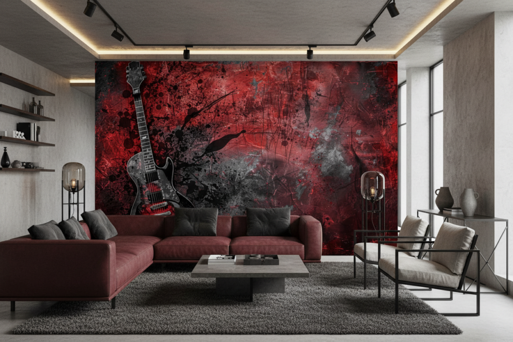 Papier Peint Guitare Électrique Grunge Rouge et Noir Rock - Salon / Séjour