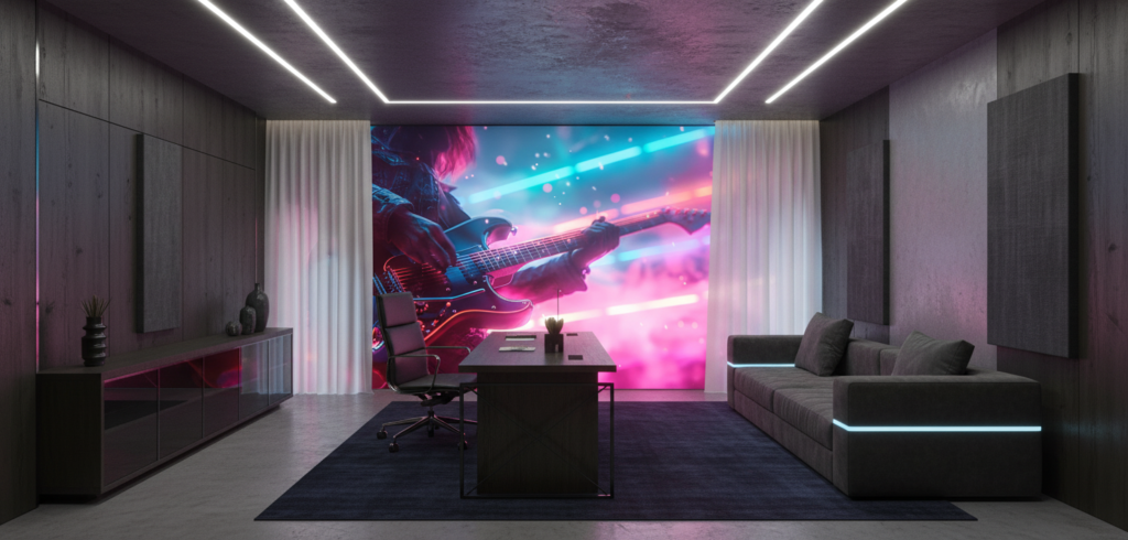 Papier peint guitare électrique néon cyberpunk musicien concert futuriste - Bureau