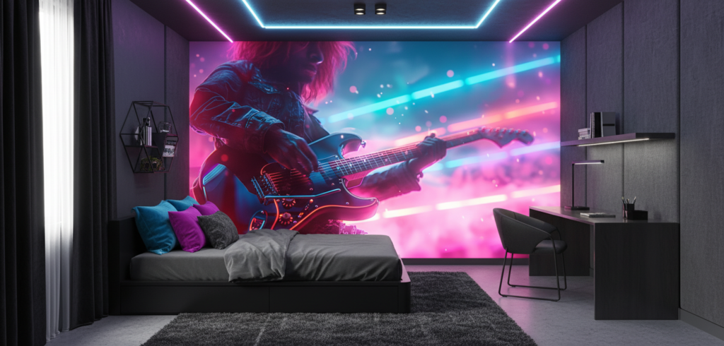 Papier peint guitare électrique néon cyberpunk musicien concert futuriste - Chambre ado