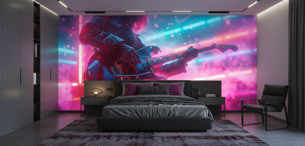 Papier peint guitare électrique néon cyberpunk musicien concert futuriste - Chambre adulte
