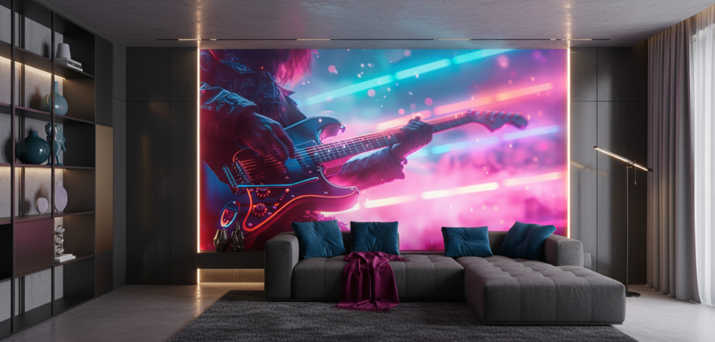 Papier peint guitare électrique néon cyberpunk musicien concert futuriste - Salon / Séjour