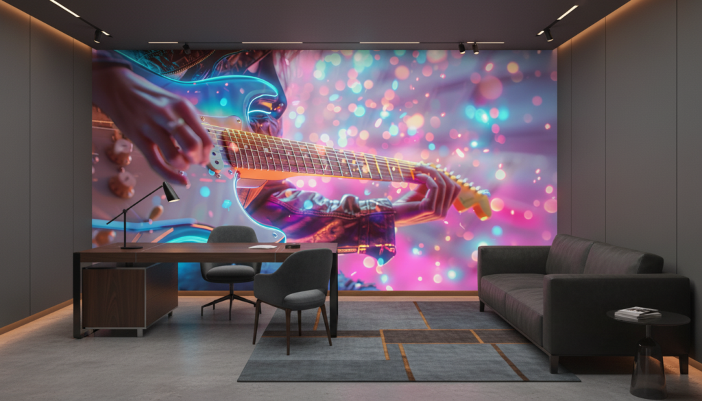 Papier Peint Guitare Électrique Néon Effet Bokeh Musical Moderne - Bureau