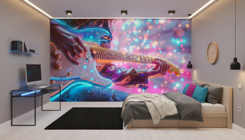 Papier Peint Guitare Électrique Néon Effet Bokeh Musical Moderne - Chambre ado