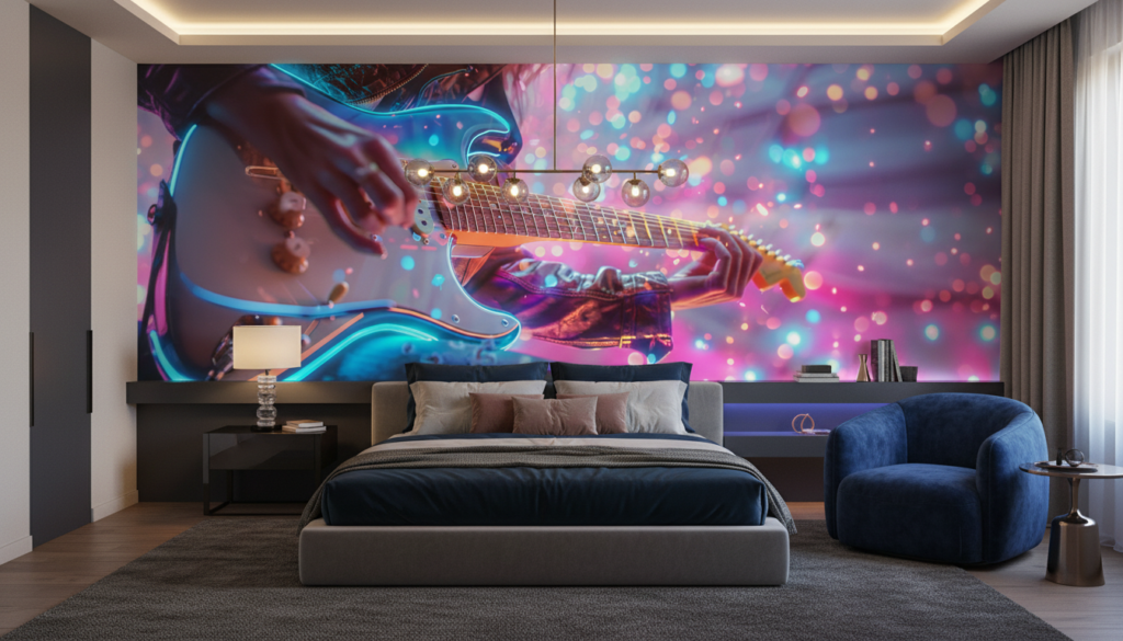Papier Peint Guitare Électrique Néon Effet Bokeh Musical Moderne - Chambre adulte
