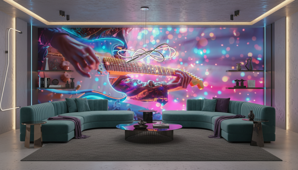 Papier Peint Guitare Électrique Néon Effet Bokeh Musical Moderne - Salon / Séjour