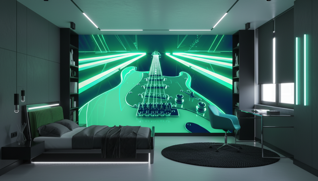 Papier Peint Guitare Électrique Néon Vert Futuriste Laser - Chambre ado