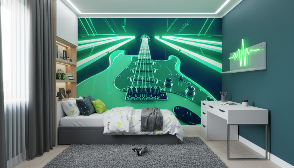 Papier Peint Guitare Électrique Néon Vert Futuriste Laser - Chambre enfant