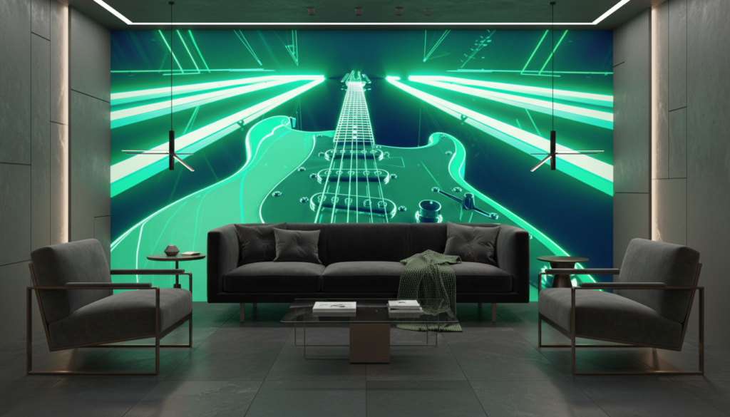 Papier Peint Guitare Électrique Néon Vert Futuriste Laser - Salon / Séjour