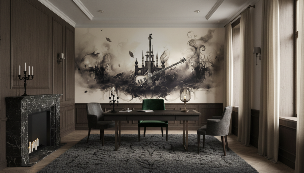 Papier Peint Guitare Gothique avec Château et Volutes de Fumée - Bureau