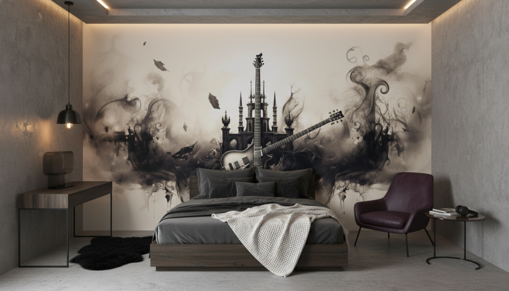 Papier Peint Guitare Gothique avec Château et Volutes de Fumée - Chambre ado