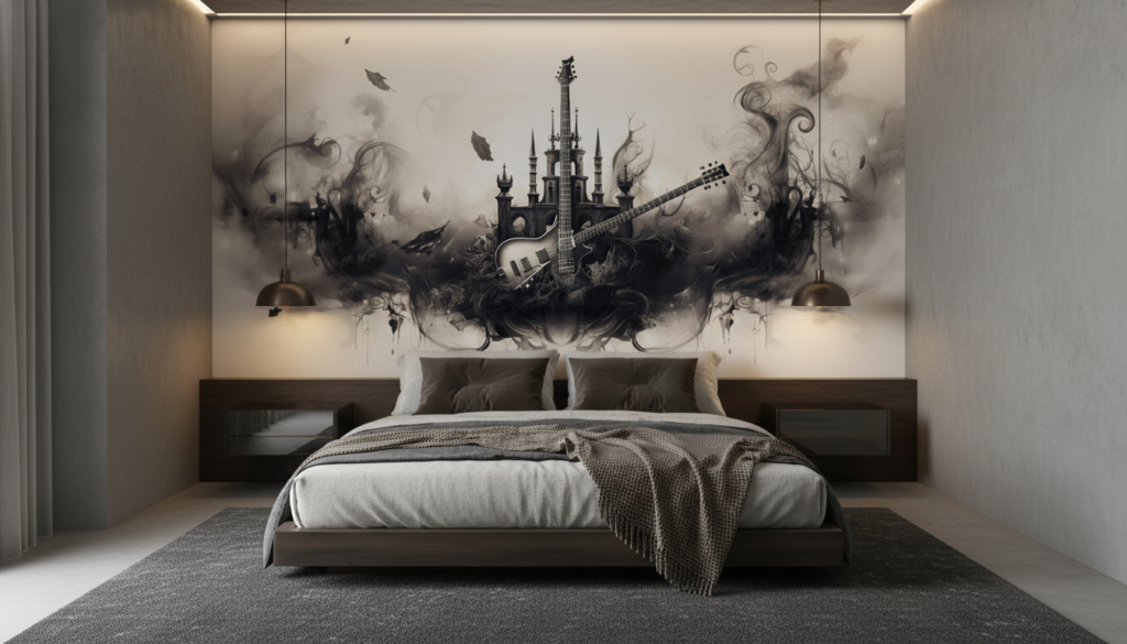 Papier Peint Guitare Gothique avec Château et Volutes de Fumée - Chambre adulte