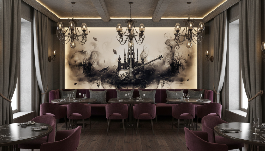 Papier Peint Guitare Gothique avec Château et Volutes de Fumée - Restaurant