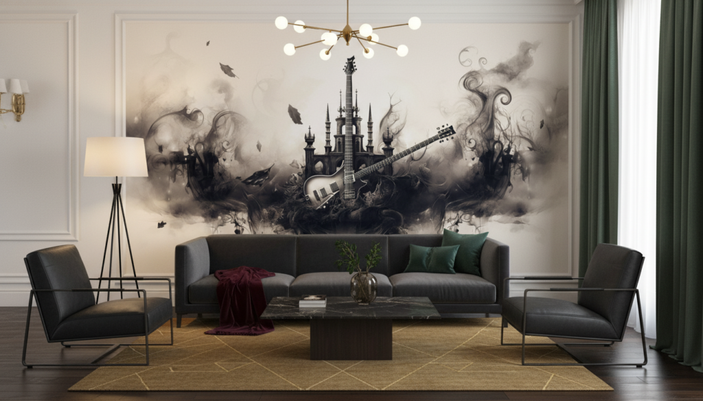 Papier Peint Guitare Gothique avec Château et Volutes de Fumée - Salon / Séjour