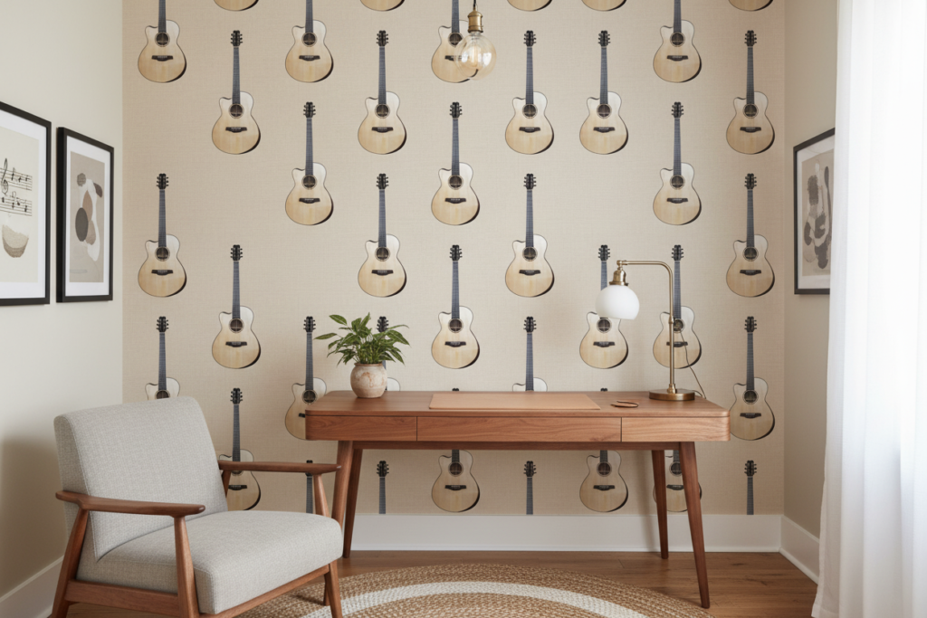 Papier peint guitares acoustiques motif musical beige naturel - Bureau