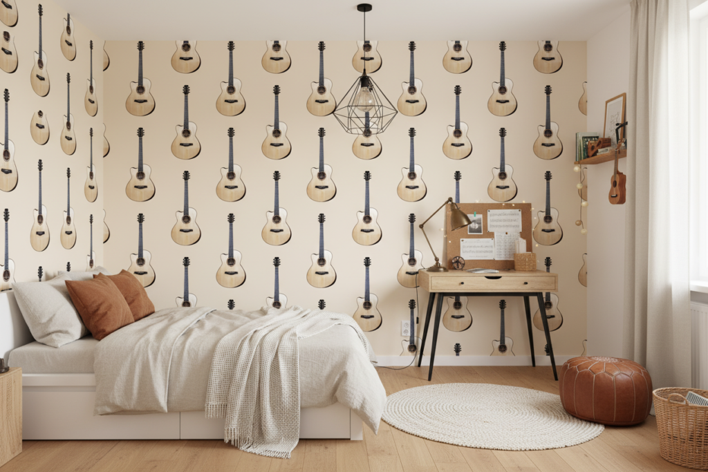 Papier peint guitares acoustiques motif musical beige naturel - Chambre ado