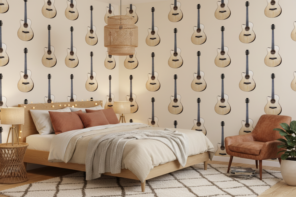 Papier peint guitares acoustiques motif musical beige naturel - Chambre adulte