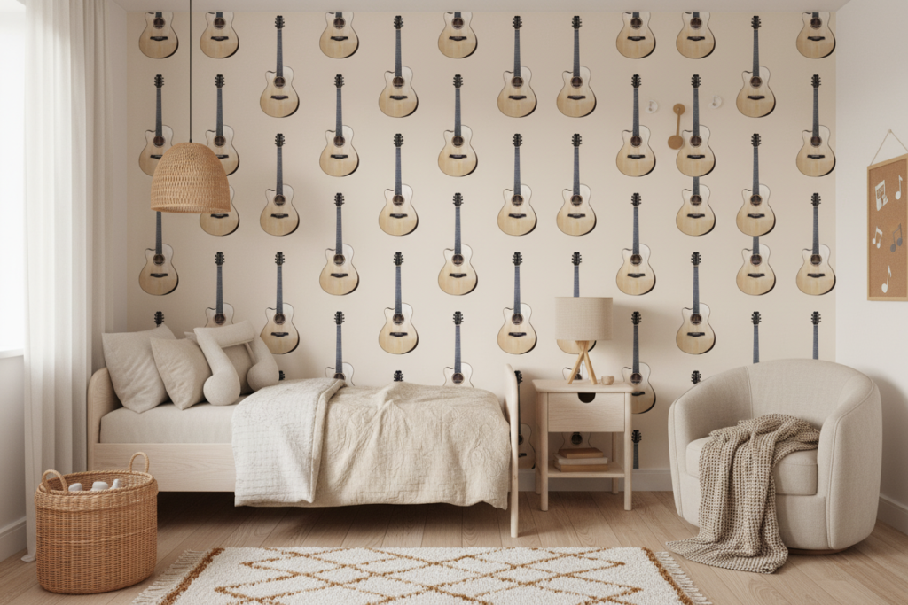 Papier peint guitares acoustiques motif musical beige naturel - Chambre enfant