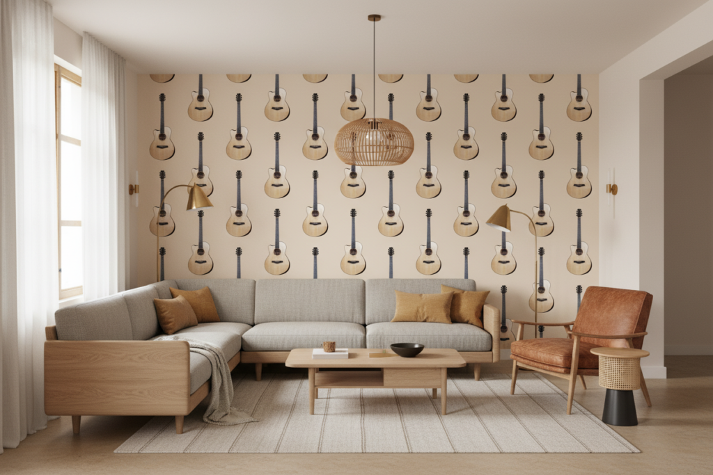 Papier peint guitares acoustiques motif musical beige naturel - Salon / Séjour