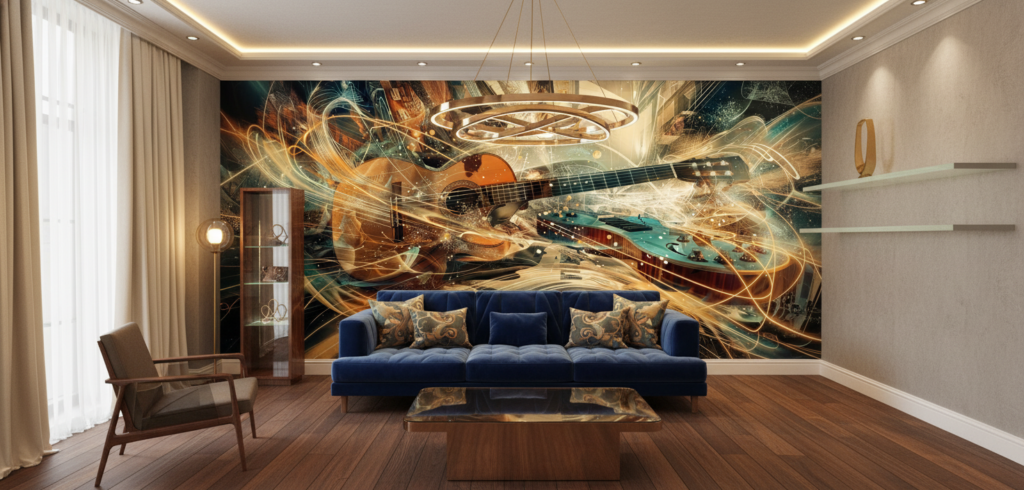 Papier Peint Guitares Artistiques Effet Lumière Dorée et Turquoise - Boutique