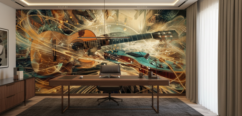 Papier Peint Guitares Artistiques Effet Lumière Dorée et Turquoise - Bureau