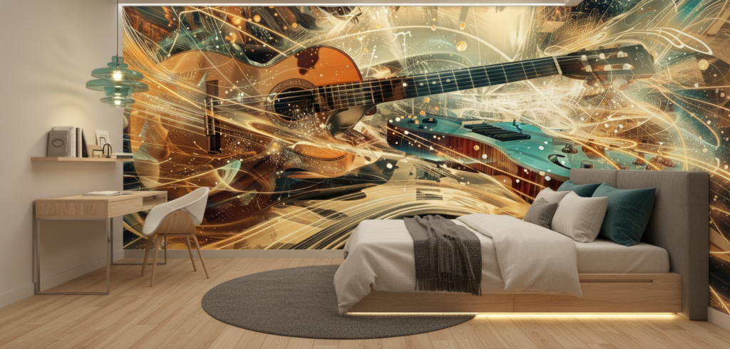 Papier Peint Guitares Artistiques Effet Lumière Dorée et Turquoise - Chambre ado