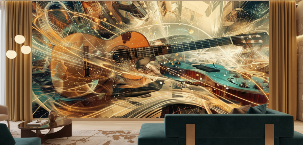 Papier Peint Guitares Artistiques Effet Lumière Dorée et Turquoise - Hôtel