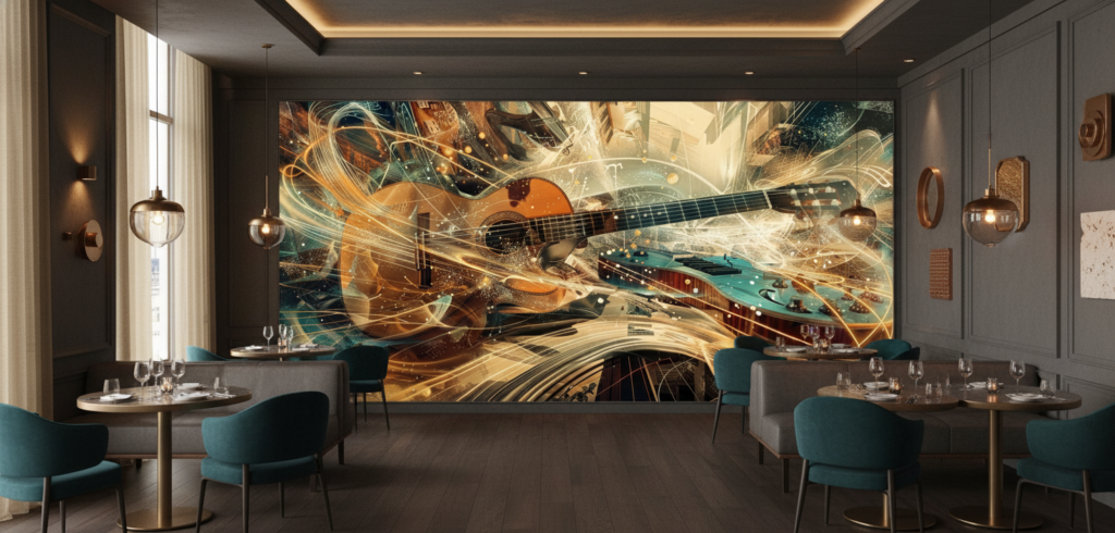 Papier Peint Guitares Artistiques Effet Lumière Dorée et Turquoise - Restaurant